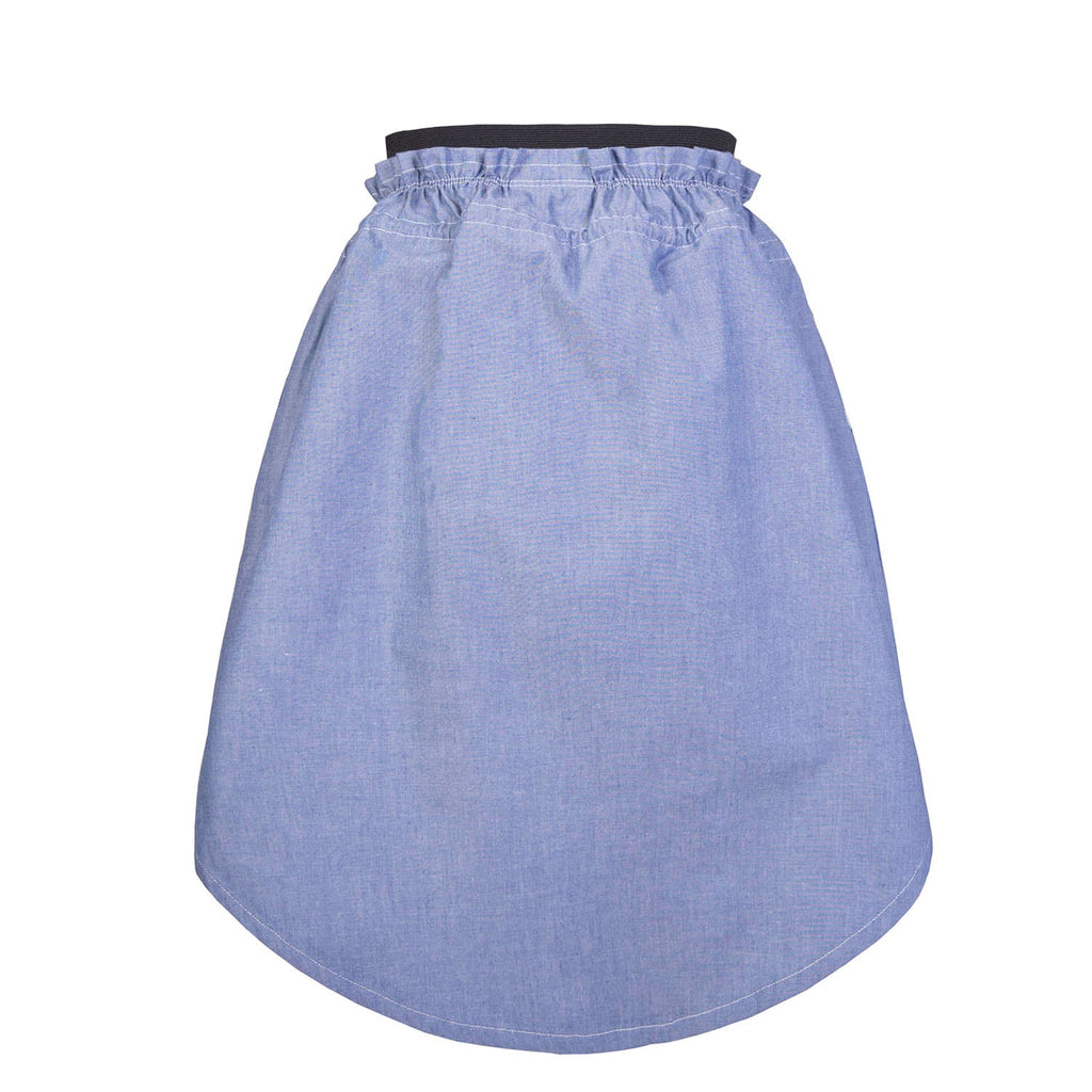 Girls blue jean skirt with elastic waist, gathered hem, light blue chambray