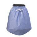 Girls blue jean skirt with elastic waist and white drawstring, A-line above-knee