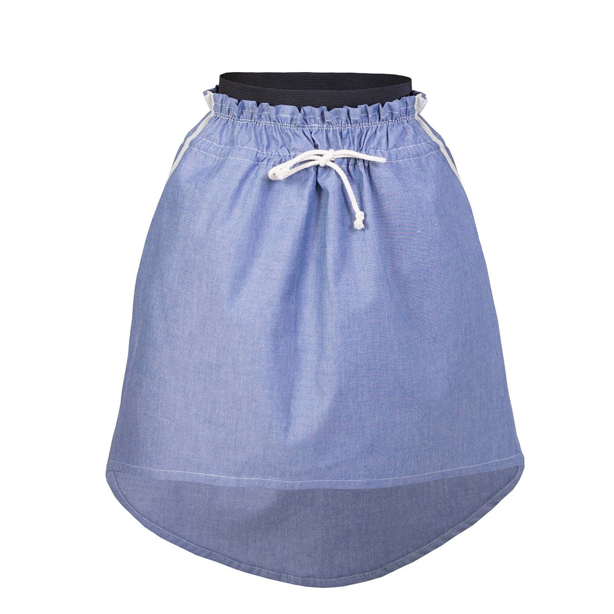 Girls blue jean skirt with elastic waist and white drawstring, A-line above-knee