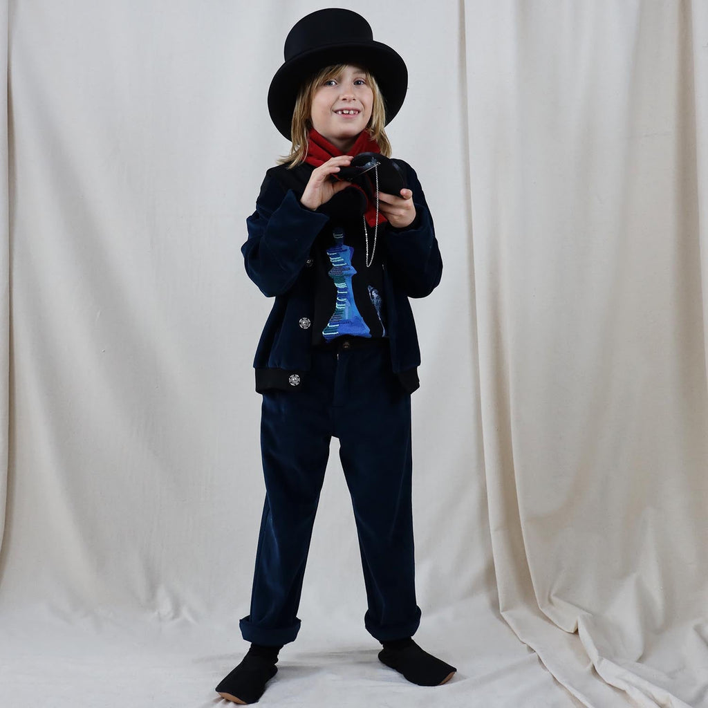 Blue velvet pants with elastic waistband and straight relaxed legs