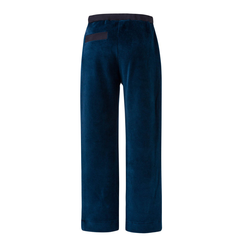 Blue velvet pants with elastic waistband and contrasting side panel detailing