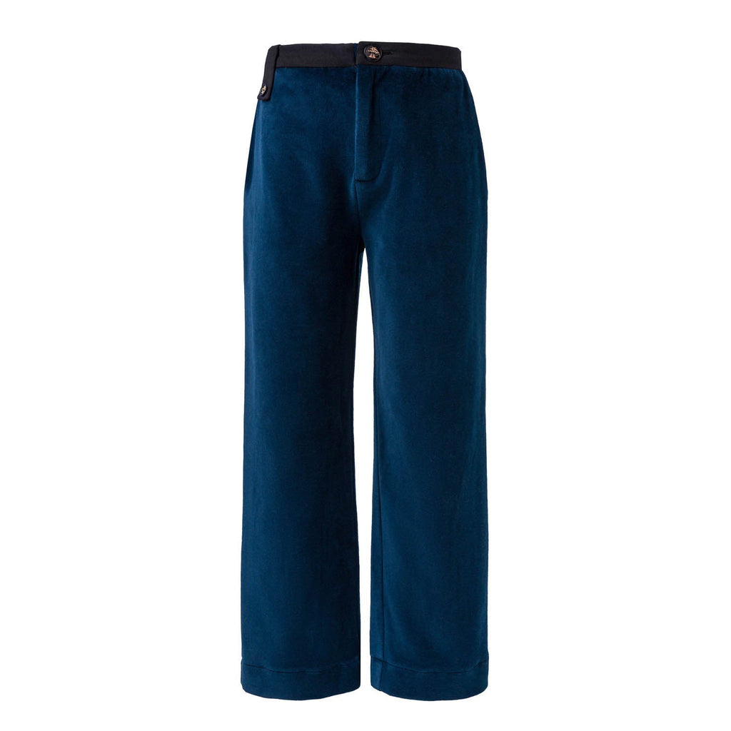 Blue velvet weekend pants with elastic waistband and button detail