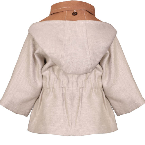 Beige baby hooded jacket, short sleeves, button back, gathered waist