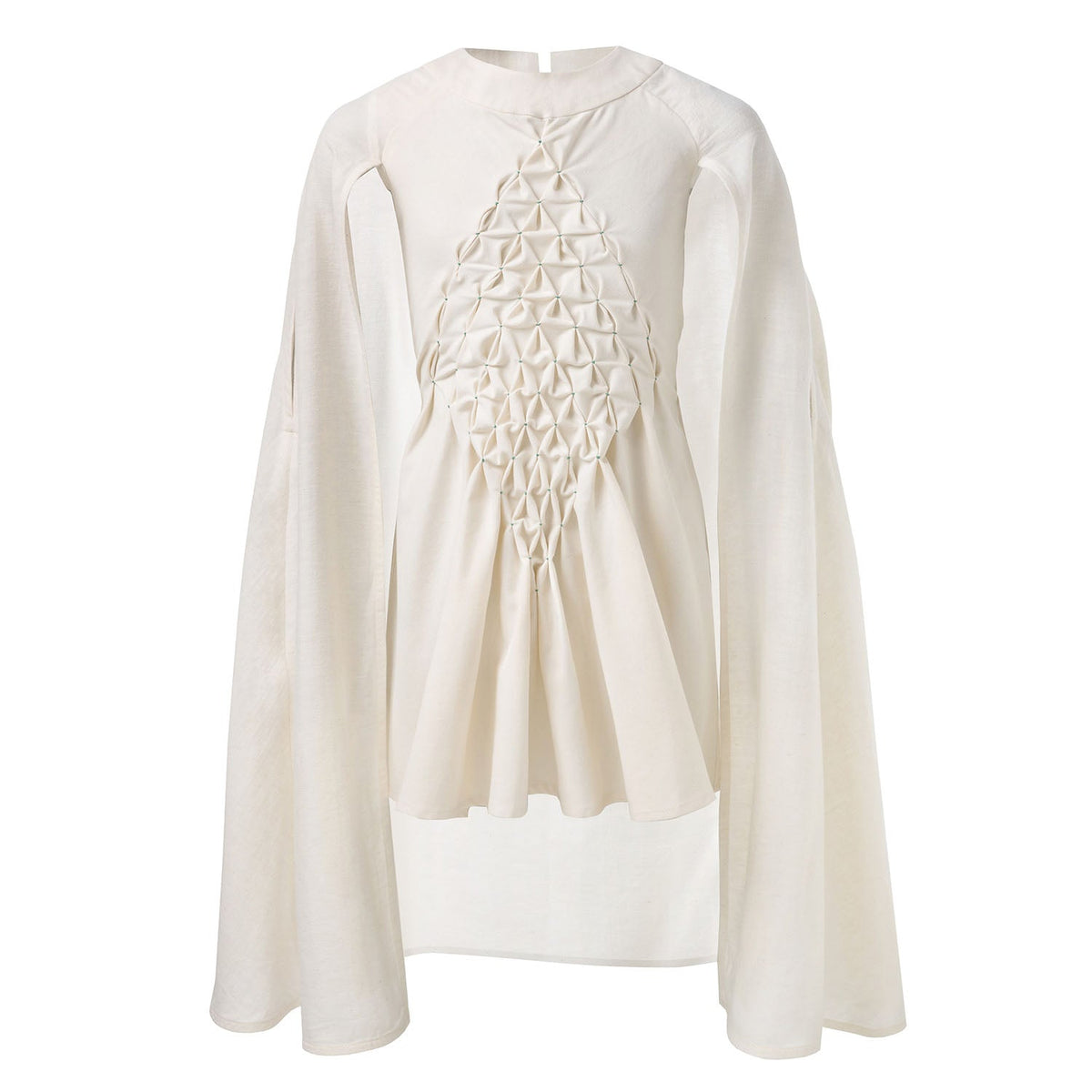 Girls' white smock dress with attached cape and textured front panel