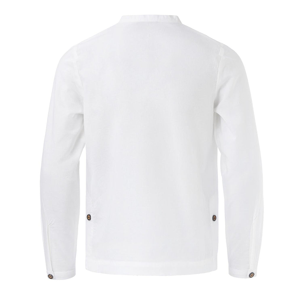 White long-sleeve henley shirt back view with plain fabric and buttoned cuffs