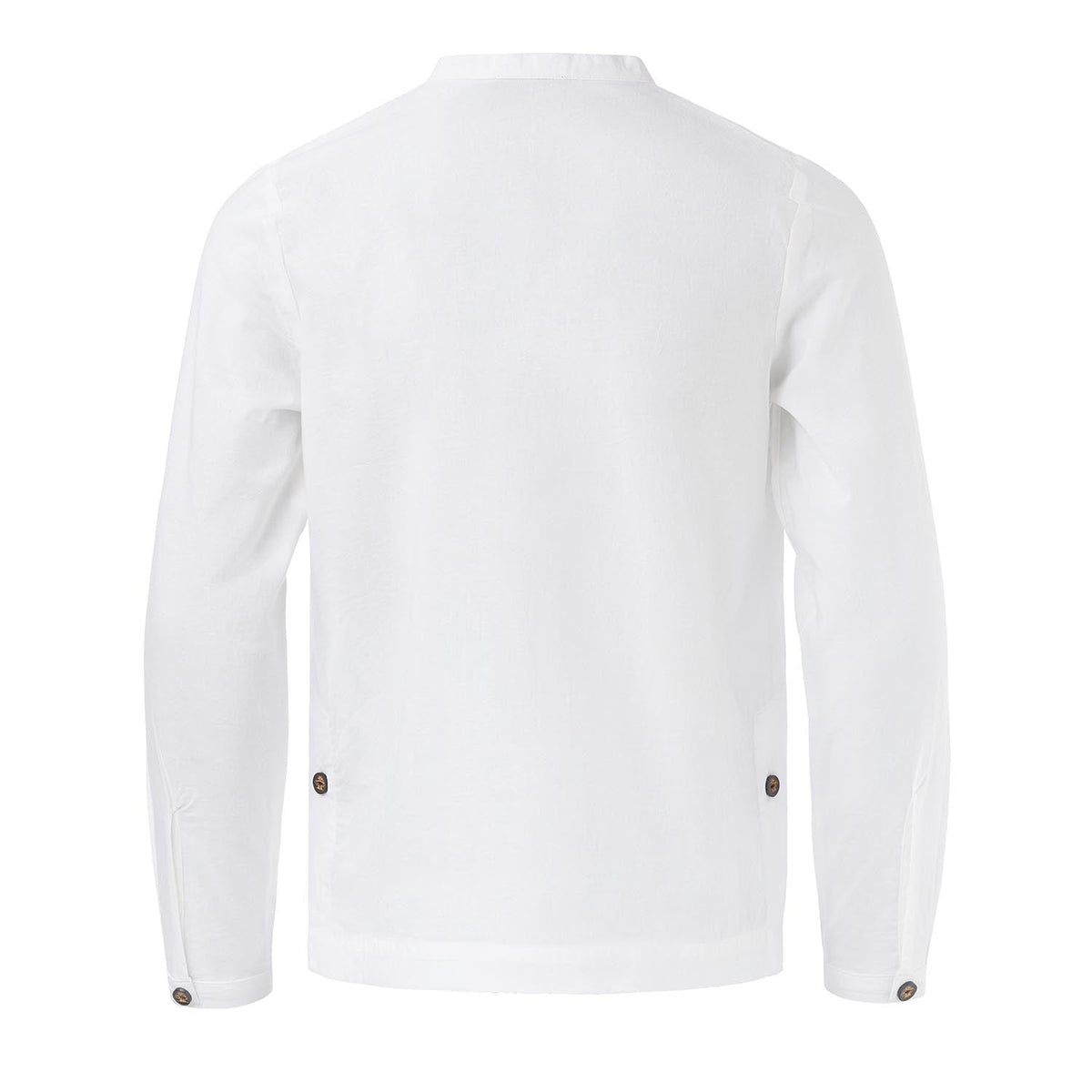 White long-sleeve henley shirt back view with plain fabric and buttoned cuffs