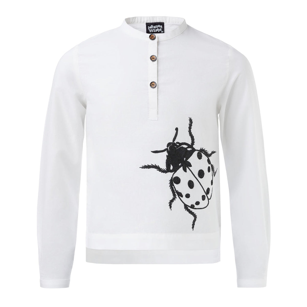 White long-sleeve henley shirt with black ladybug embroidery on the front