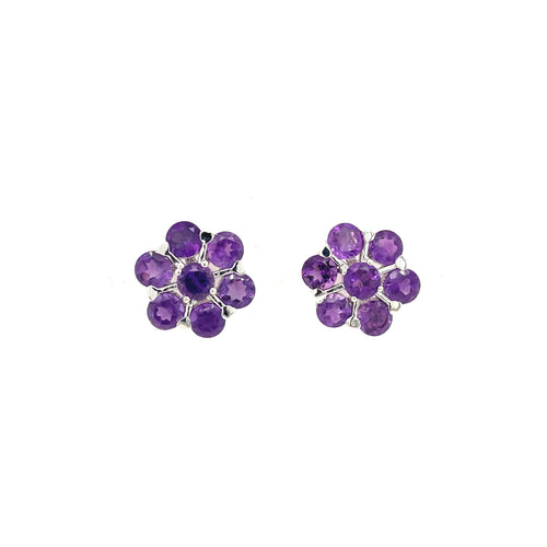 Cluster stud earrings with purple amethyst-like gemstones and .925 sterling silver