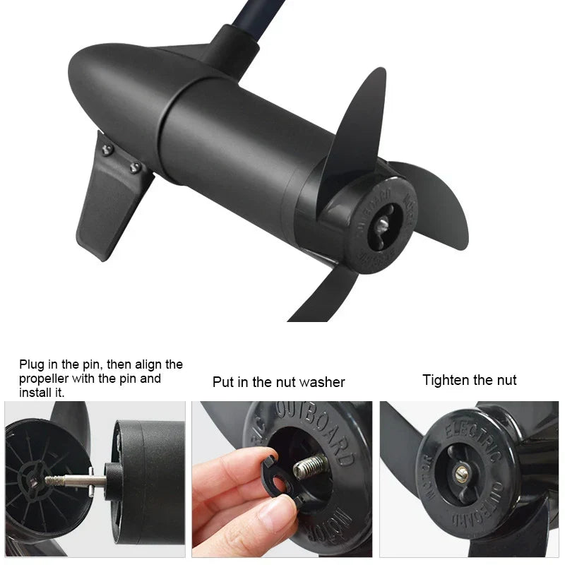 Black outboard trolling motor propeller on shaft with front mounting bracket