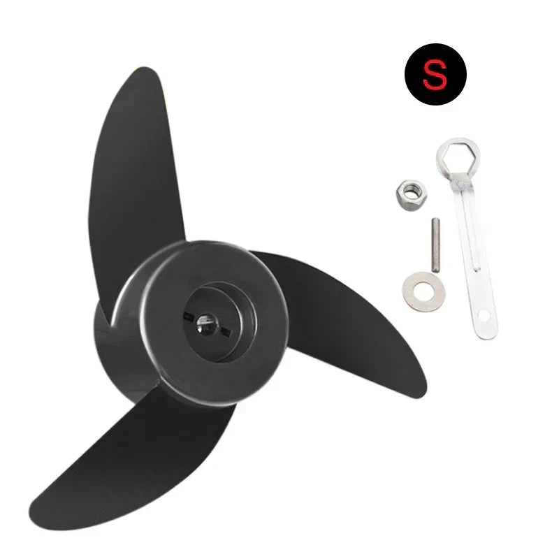 Three-blade black propeller with mounting pin and washer hardware