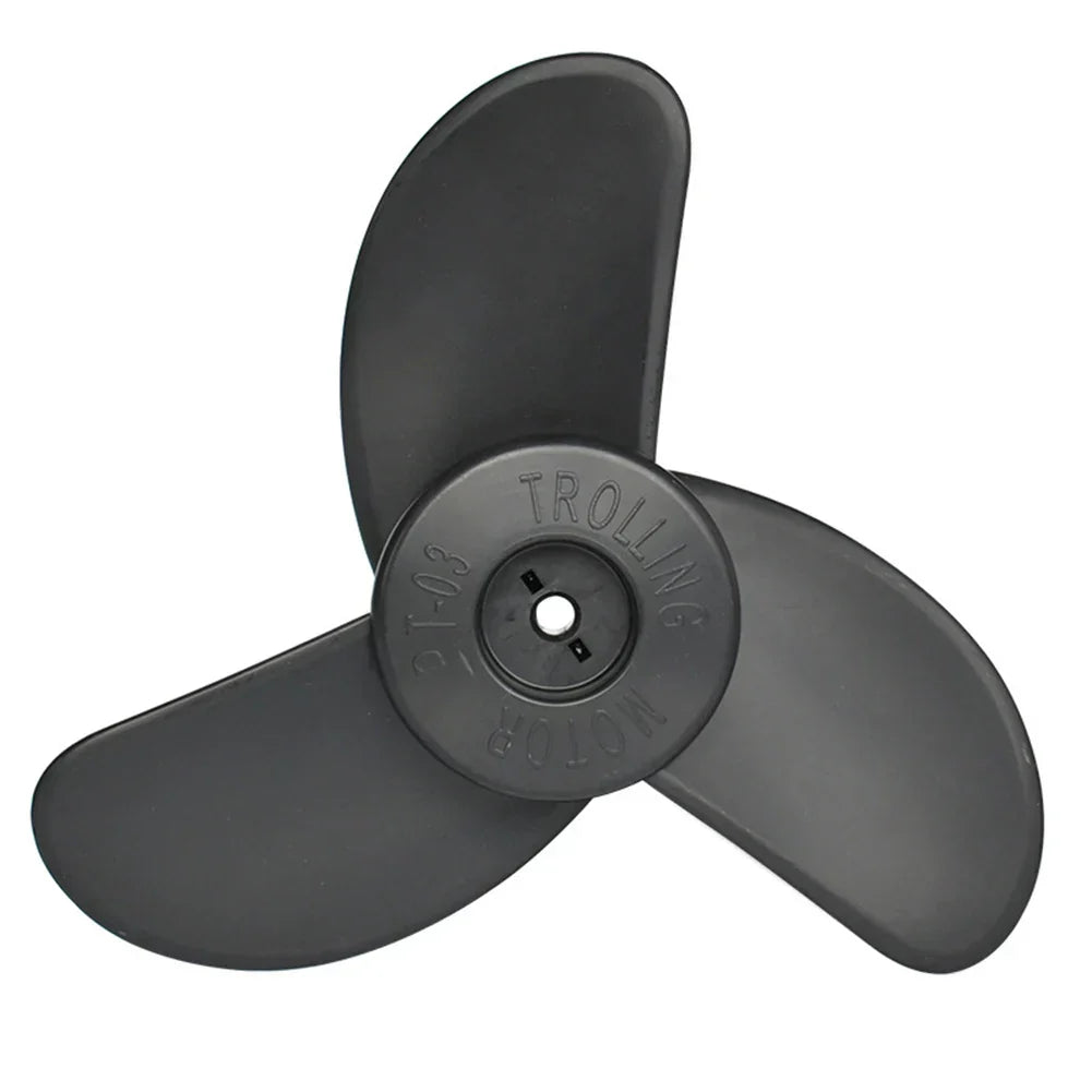 Three-blade black trolling motor propeller with center hub and bolt hole