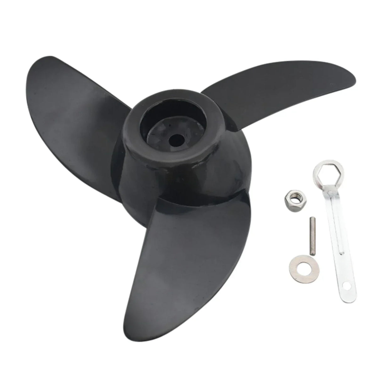 Three-blade black propeller with center hub opening and included mounting nut