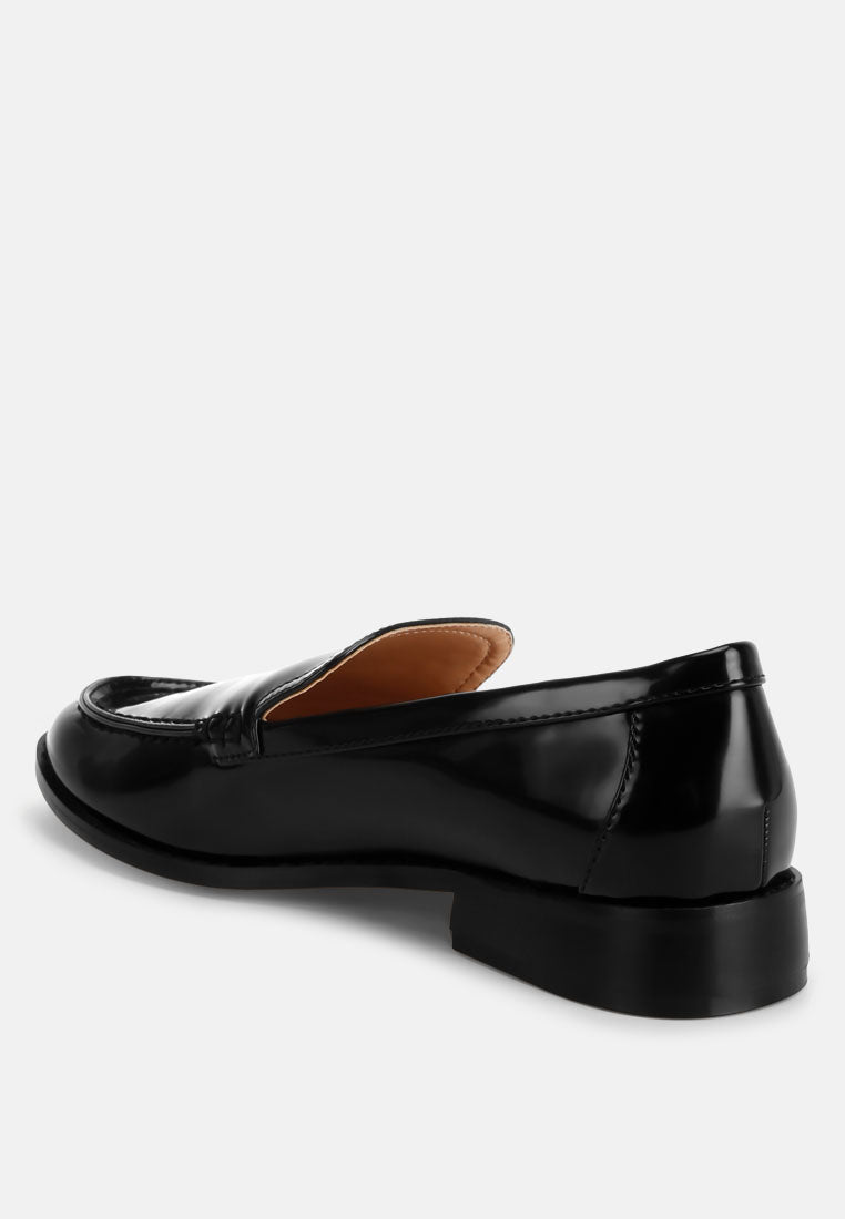 Black pleather stacked-heel loafer with slip-on design, side view