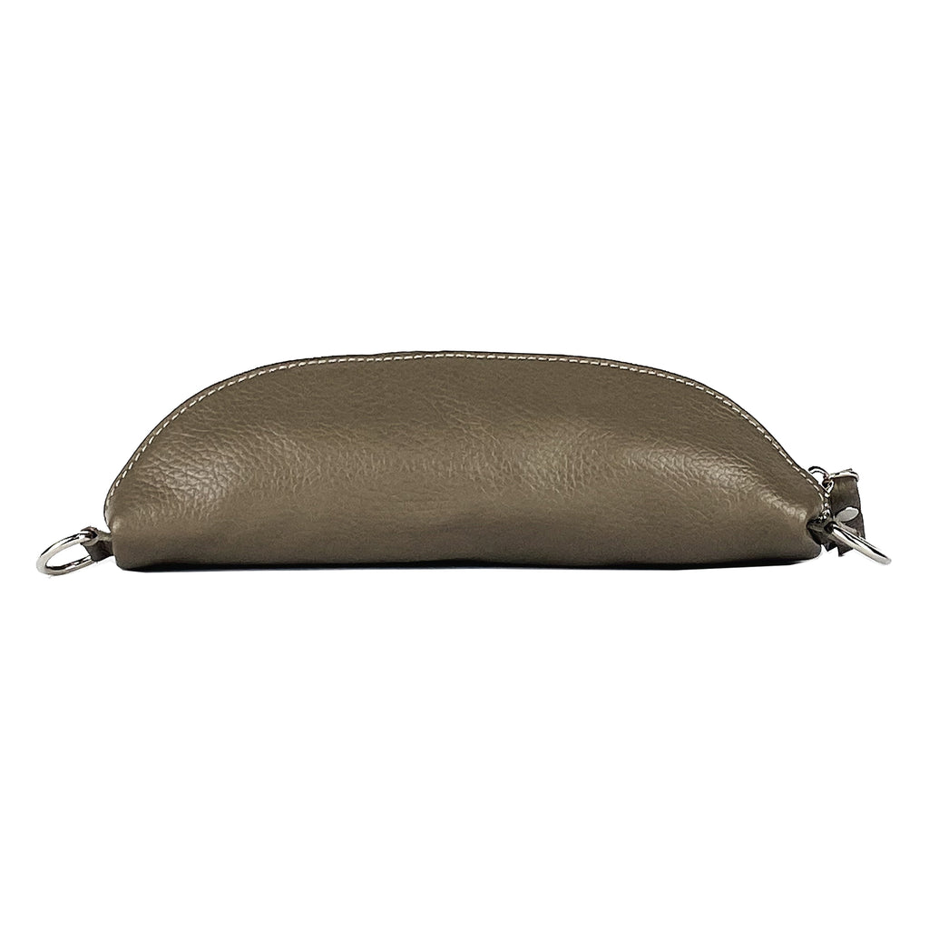 RB1015AQ | Fanny pack with removable shoulder strap in Genuine Leather Made in Italy. Polished Nickel metal snap hook attachments - Taupe color - Dimensions: 24 x 14 x 7-3