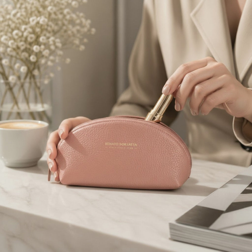 RB1088AZ | Half-Moon Pencil Case/Clutch Bag Made in Italy in Genuine Dollar Grain Leather. Color: Antique Pink-2