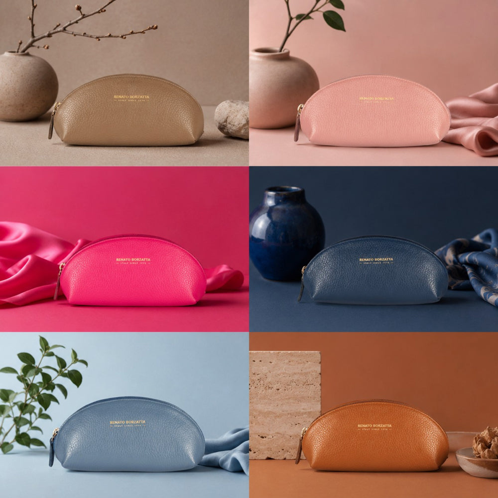 RB1088AZ | Half-Moon Pencil Case/Clutch Bag Made in Italy in Genuine Dollar Grain Leather. Color: Antique Pink-3