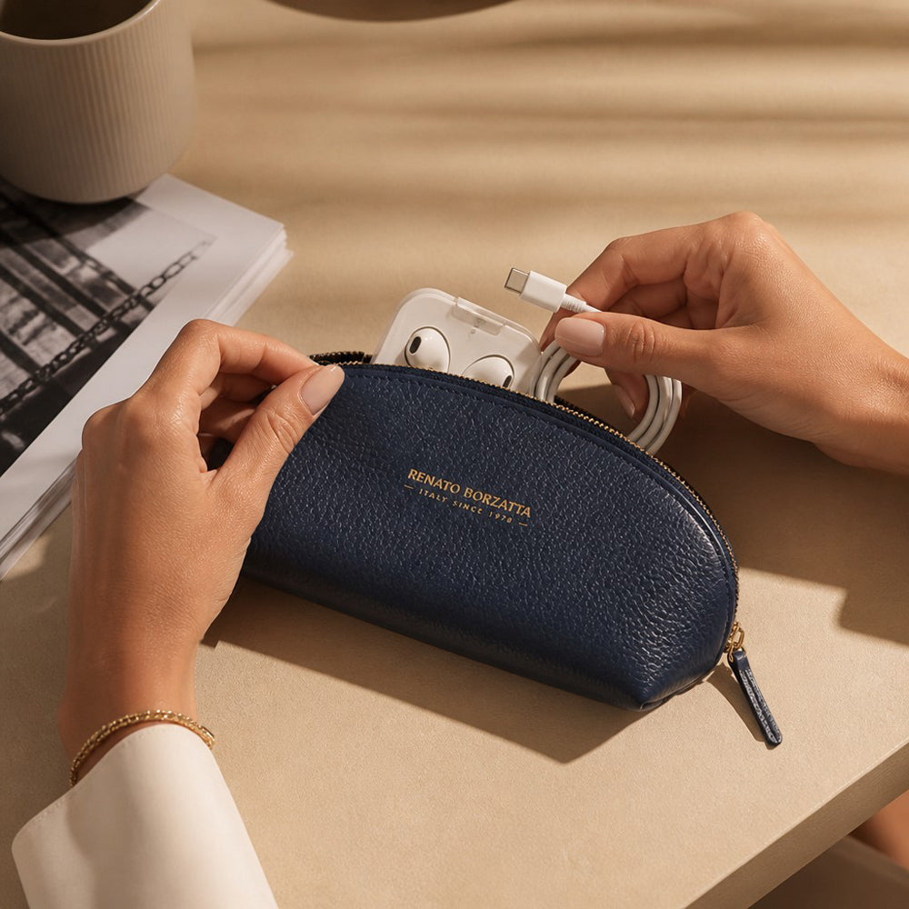 RB1088D | Half-Moon Pencil Case/Clutch Bag Made in Italy in Genuine Dollar Grain Leather. Color: Blue-2
