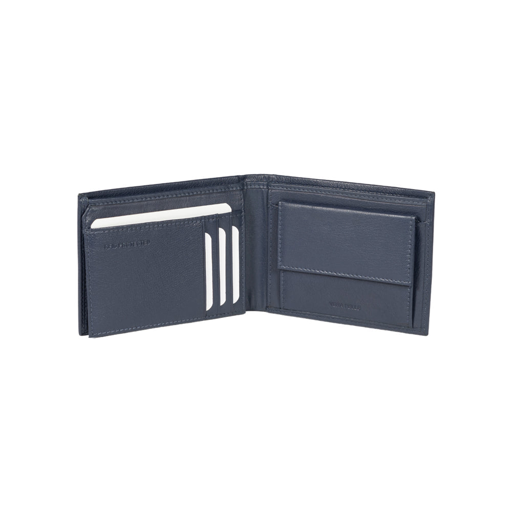 RB12004D | Portafogli Uomo risvoltato in Vera Pelle pieno fiore, con leggera grana. Colore Blu. Protezione RFID. Dimensioni da chiuso: cm 12,5 x 9,5 x 2. Confezione: Scatola regalo fondo/coperchio - Accessorio at Dealshubindia