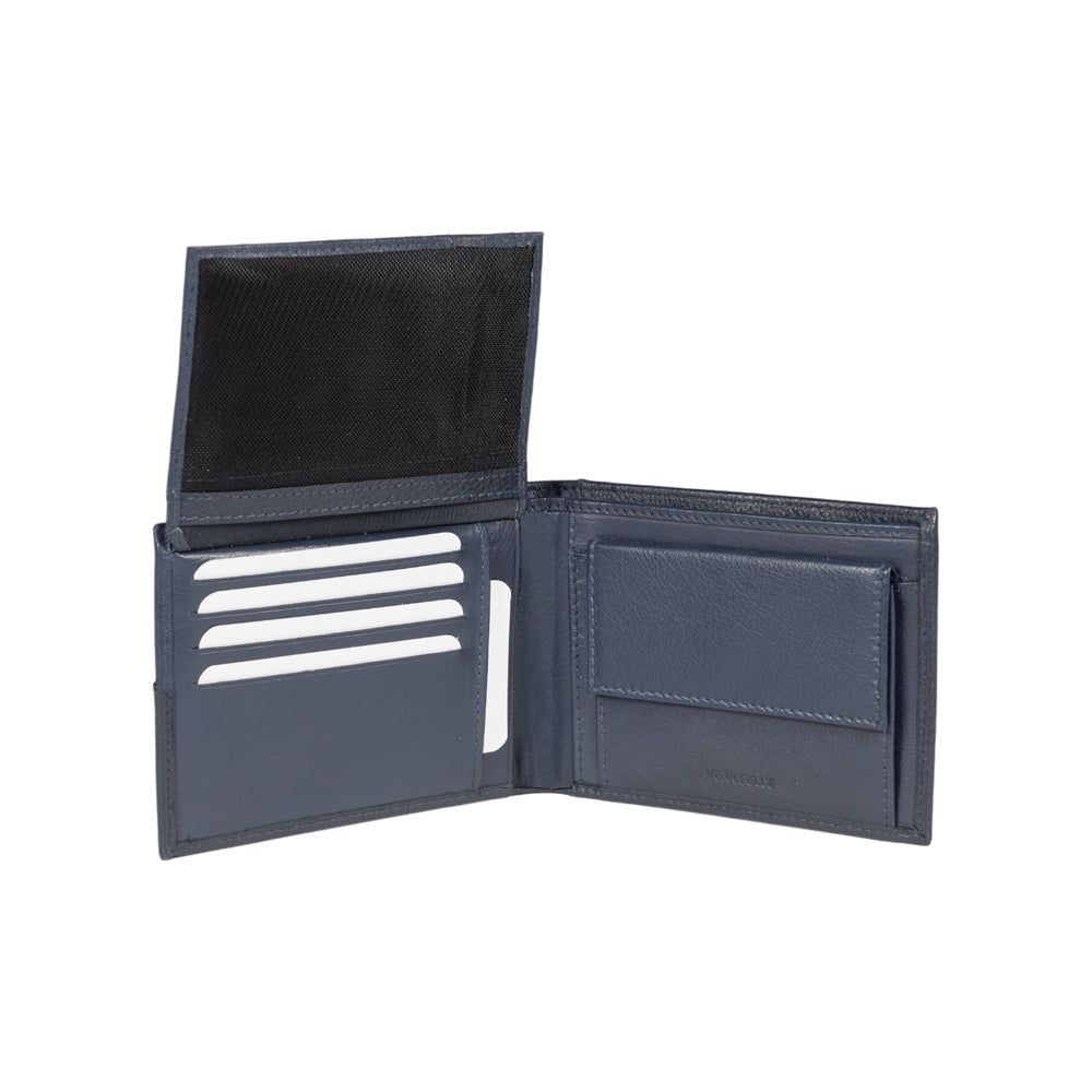 RB12004D | Portafogli Uomo risvoltato in Vera Pelle pieno fiore, con leggera grana. Colore Blu. Protezione RFID. Dimensioni da chiuso: cm 12,5 x 9,5 x 2. Confezione: Scatola regalo fondo/coperchio - Accessorio at Dealshubindia