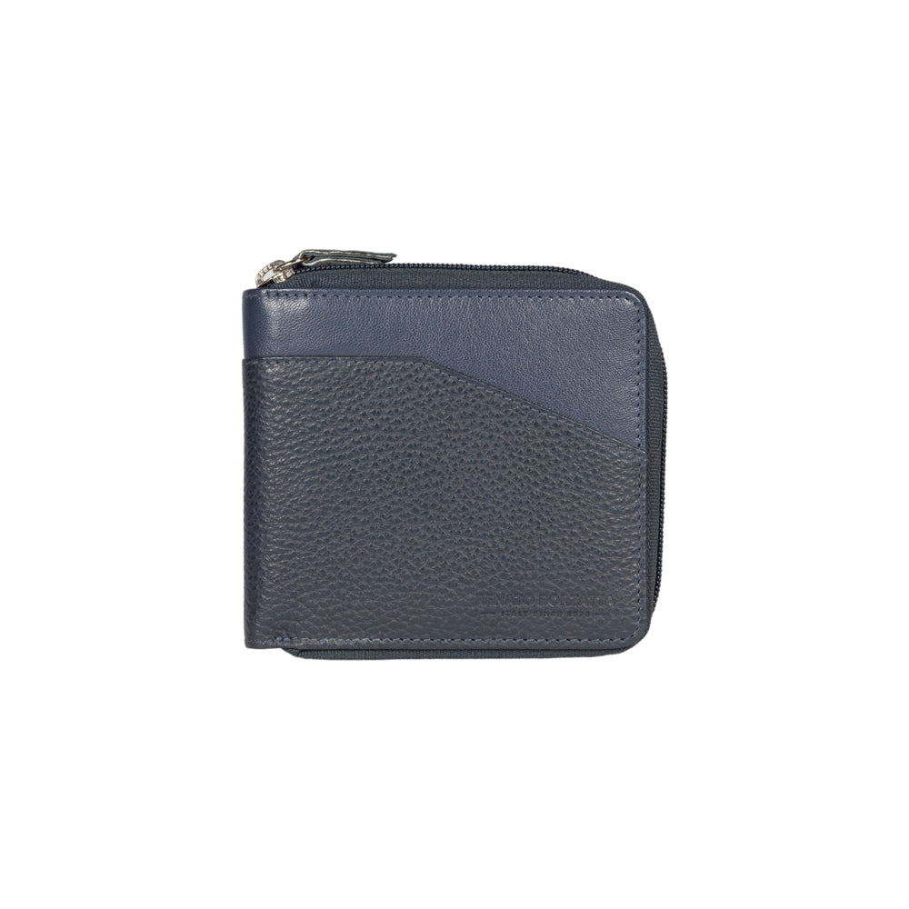 RB12175D | Portafogli con Lampo in Vera Pelle pieno fiore, grana dollaro/leggera. Colore Blu. Protezione RFID. Dimensioni da chiuso: cm 11,5 x 10,5 x 2. Confezione: Scatola regalo fondo/coperchio - Accessorio at Dealshubindia