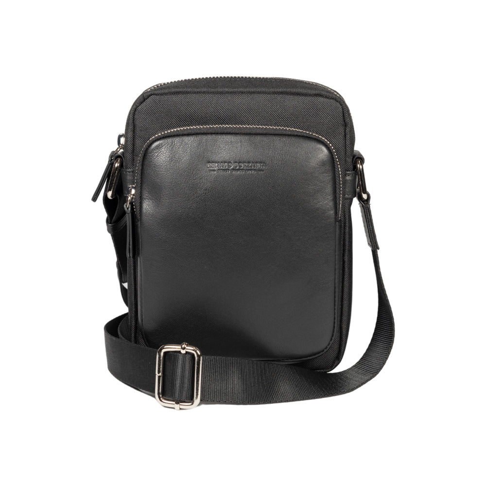 RB2002A | Nylon/Vera Leather Shoulder Bag, with light grain. Zipper closure and adjustable shoulder strap - Black color - Size: 15.5 x 21 x 7 cm. Packaging: Non-Woven Fabric Bag - Bag at Dealshubindia
