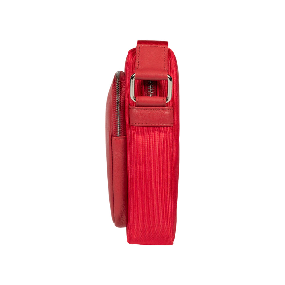 RB2002V | Nylon/Vera Leather Shoulder Bag, with light grain. Zipper closure and adjustable shoulder strap - Red color - Size: 15.5 x 21 x 7 cm. Packaging: Non-Woven Fabric Bag - Bag at Dealshubindia