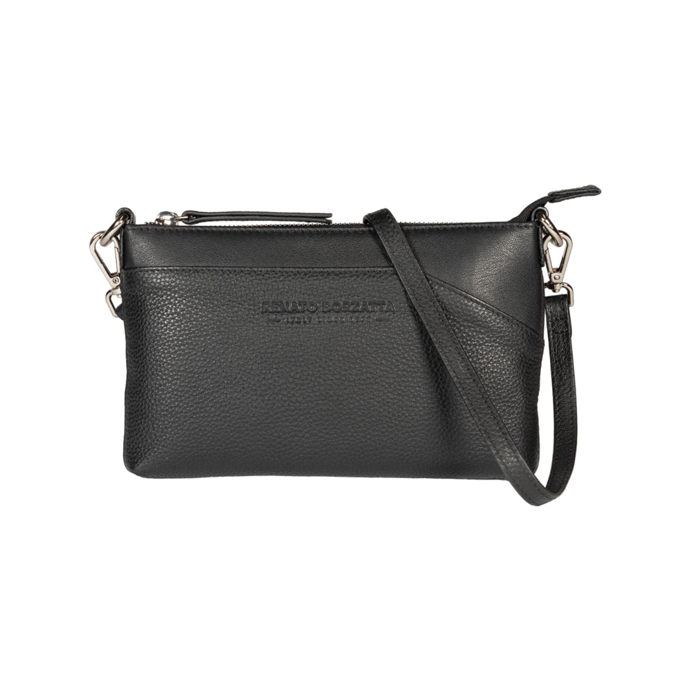 RB2003A | Genuine full-grain leather shoulder/wrist bag, dollar/light grain. Removable shoulder strap and handle. Black color. Dimensions: 22 x 14 x 2.5 cm. Packaging: Non-Woven Fabric Bag - Bag at Dealshubindia