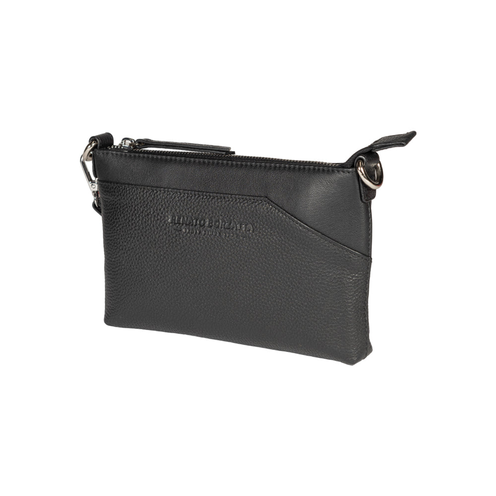 RB2003A | Genuine full-grain leather shoulder/wrist bag, dollar/light grain. Removable shoulder strap and handle. Black color. Dimensions: 22 x 14 x 2.5 cm. Packaging: Non-Woven Fabric Bag - Bag at Dealshubindia