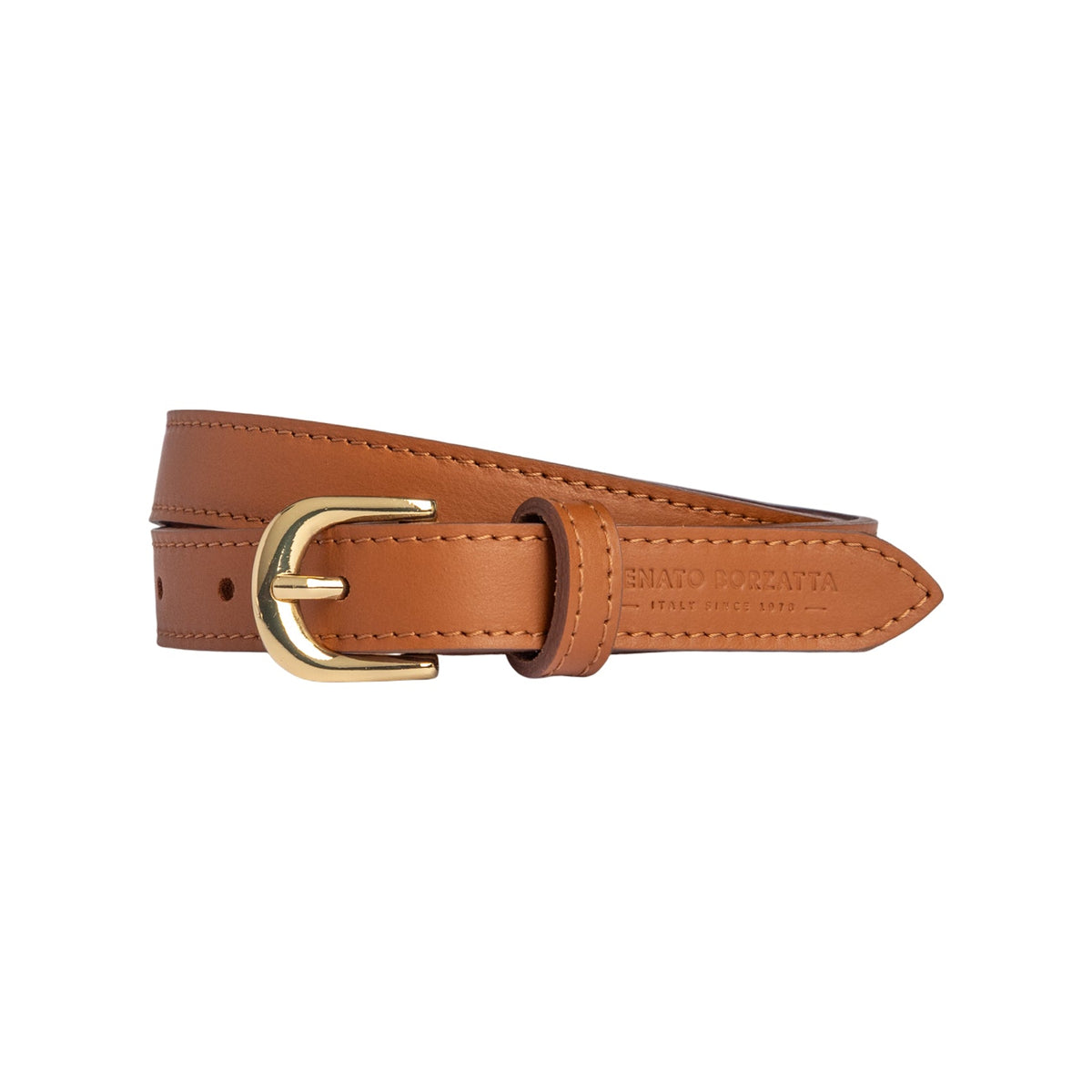 RB4018S | Women's Belt Made in Italy in Soft Genuine Sauvage Leather. Polished Gold-Finish Buckle. Cognac Color. Dimensions: 115 x 2.0 x 0.5 cm (waistline 100 cm) - Accessory at Dealshubindia