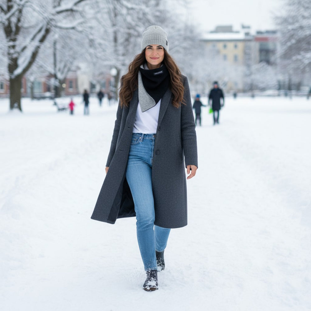 RB5009GW | COURMAYEUR - Women's Double-Sided Triangular Scarf with Buttonhole in Plain Knit, Made in Italy. Color: Black/Grey - Hats and Scarves at Dealshubindia