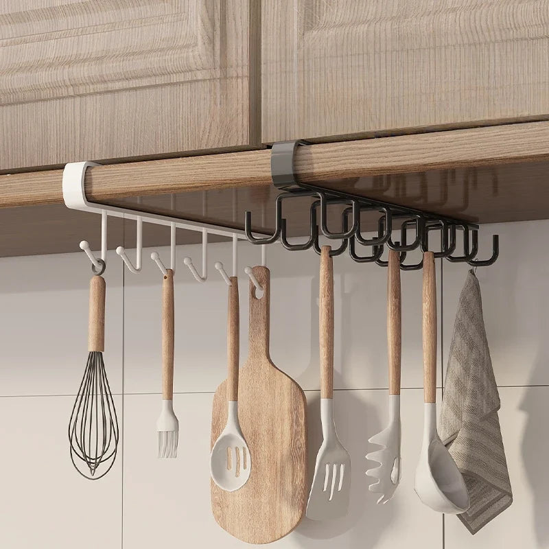 Household Kitchen Cabinet Bottom Shelf Hanging Hook, Non Perforated Cloth Rack, 6-Hook Organizing Rack, Spatula Hanging Rack