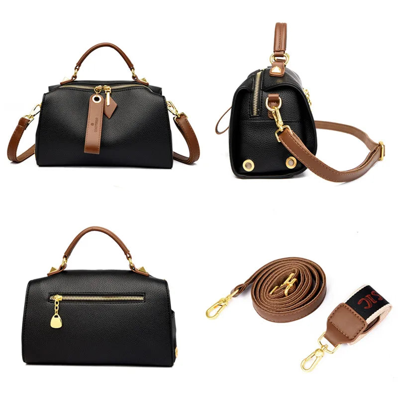 Crossbody Tote Bag Solid PU Leather Shoulder Women (Black) - Apparel & Accessories > Handbags, Wallet's & Cases > Handbags > Cross Body Bags at Dealshubindia