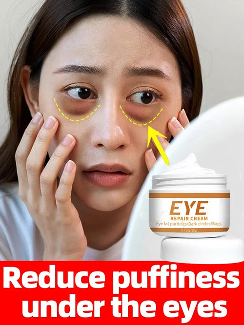 Eye repair cream jar beside woman applying cream under the eyes