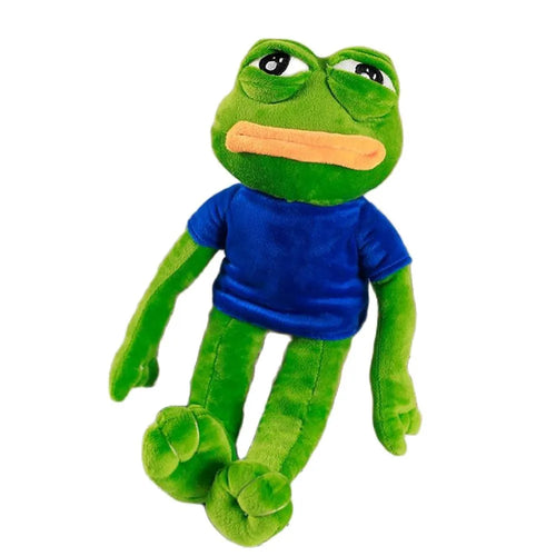 Green frog plush toy with big eyes and blue shirt, 45cm size