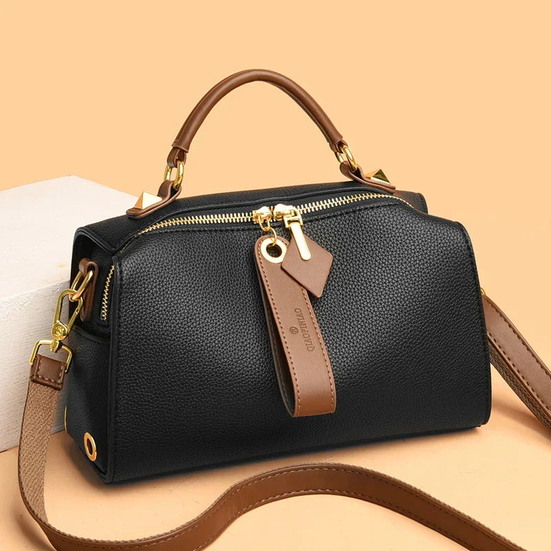Crossbody Tote Bag Solid PU Leather Shoulder Women (Black) - Apparel & Accessories > Handbags, Wallet's & Cases > Handbags > Cross Body Bags at Dealshubindia