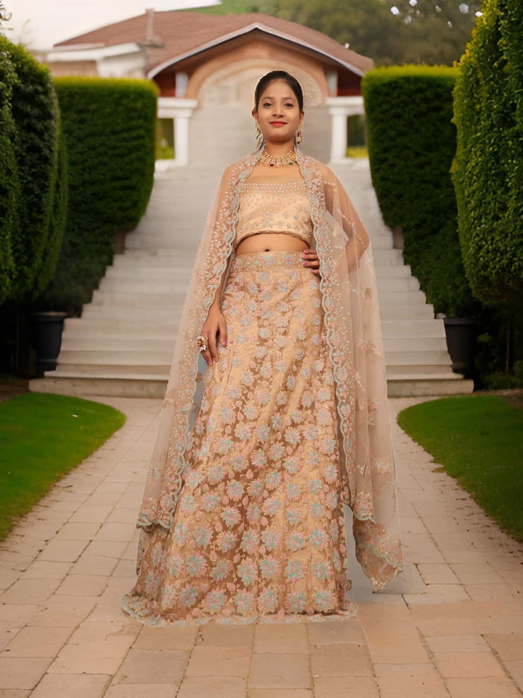 Semi-Stitched Lehenga with Soft Net Fabric & Multi beads work by Shreekama