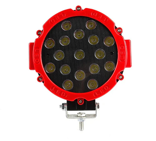 Round LED work light with red housing and multiple LED bulbs