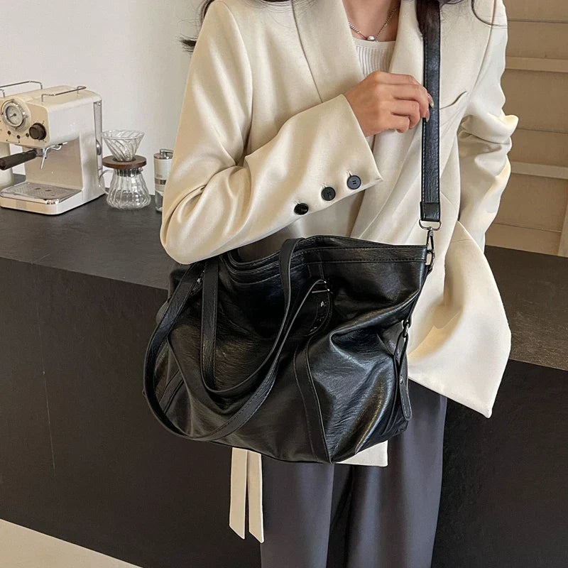 Leather Womens Tote Shoulder Crossbody Bag (Black) - Apparel & Accessories > Handbags, Wallet's & Cases > Handbags > Shopper Bags at Dealshubindia