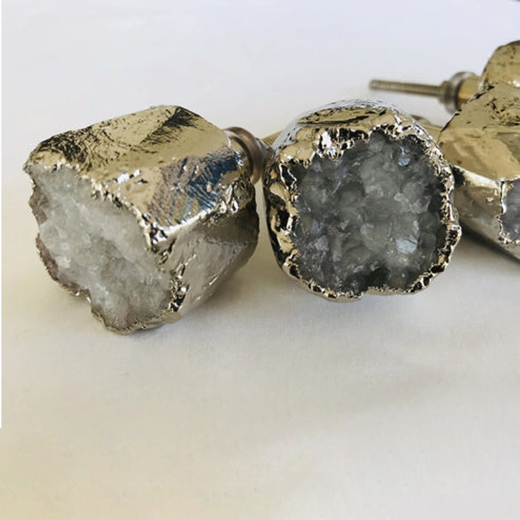 Crystal Druzy Stone Furniture Door Knob Crystal White Cabinet Handle with Silver finish Brass Hardware,Cupboard Pulls Drawer Knobs