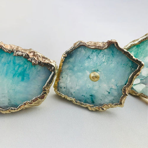 Aqua agate slice cabinet knob, teal stone with gold-toned round base