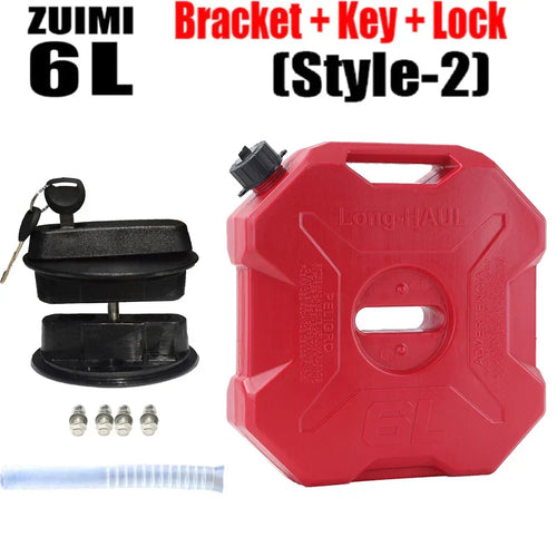 Red 6L plastic jerry can with black cap, mounting bracket, and fitting parts
