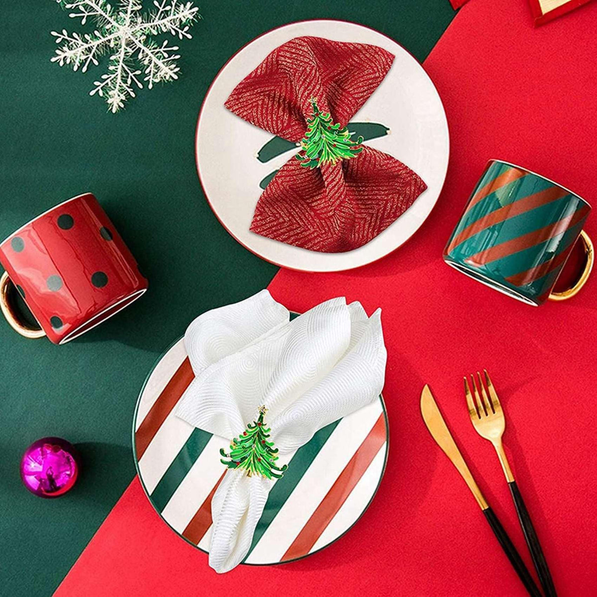 12Pcs Green Chirstmas Tree Napkin Rings,Golden Rings Designed with Red and for Christmas Dinning Table - Christmas at Dealshubindia