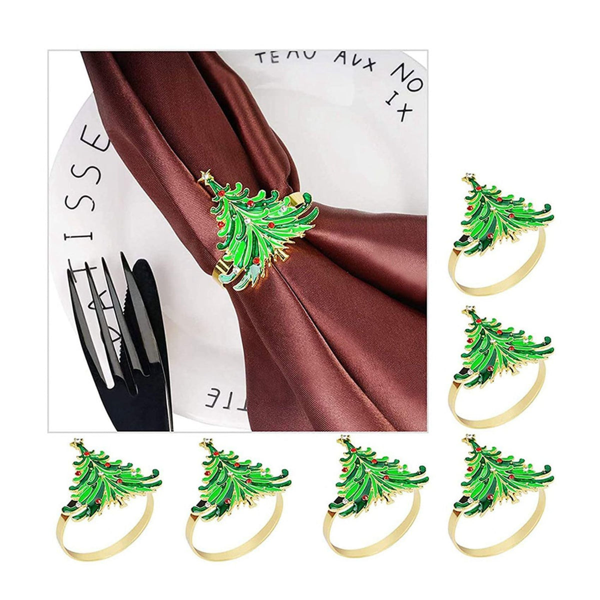 12Pcs Green Chirstmas Tree Napkin Rings,Golden Rings Designed with Red and for Christmas Dinning Table - Christmas at Dealshubindia