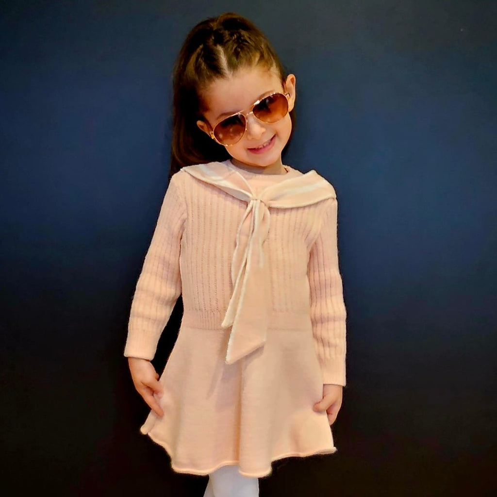 Girls casual dress with long sleeves, bow-tied collar, and flared skirt