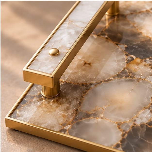 Brown Agate Serving Tray with Clear Quartz Handles