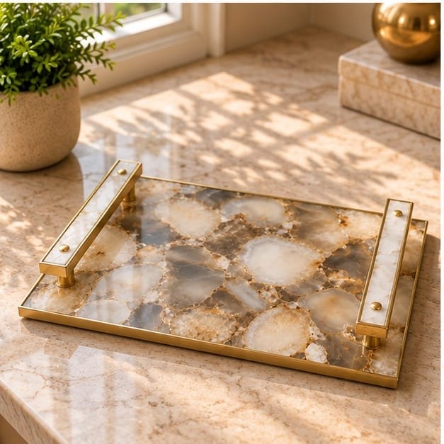 Brown Agate Serving Tray with Clear Quartz Handles