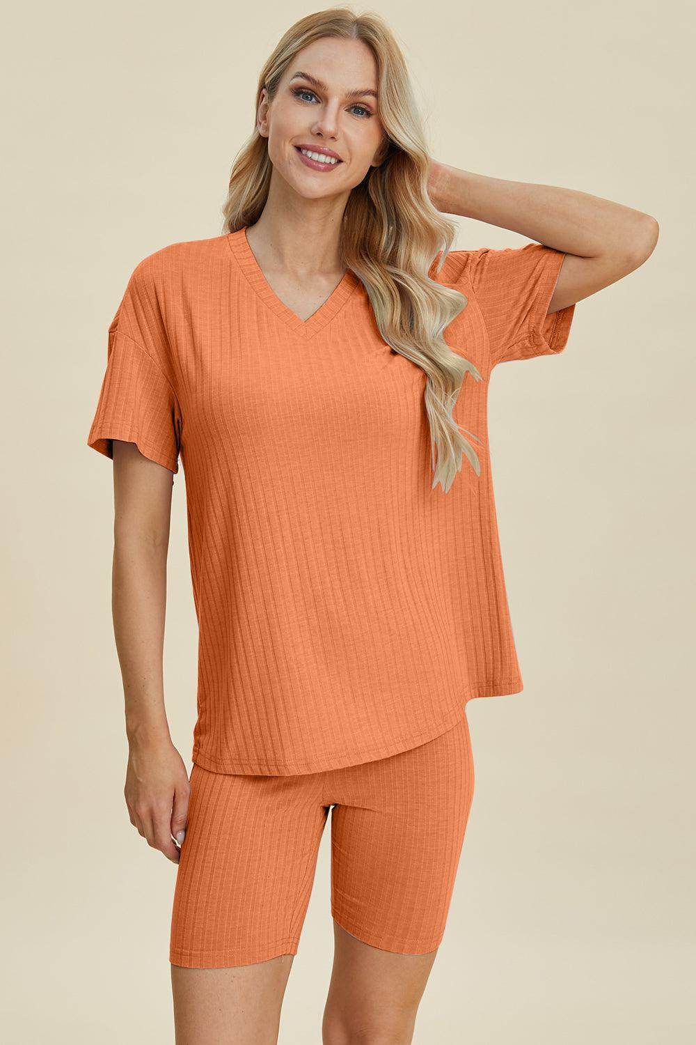 Basic Bae Full Size Ribbed V-Neck Top and Shorts Set For Women - n/a at Dealshubindia