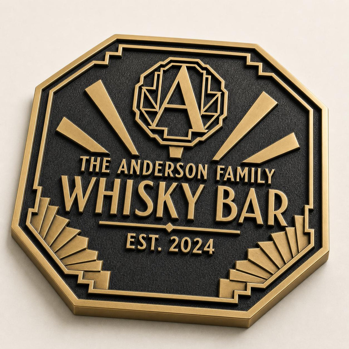 Personalized Home Bar Sign – Antique Brass Art Deco Octagon