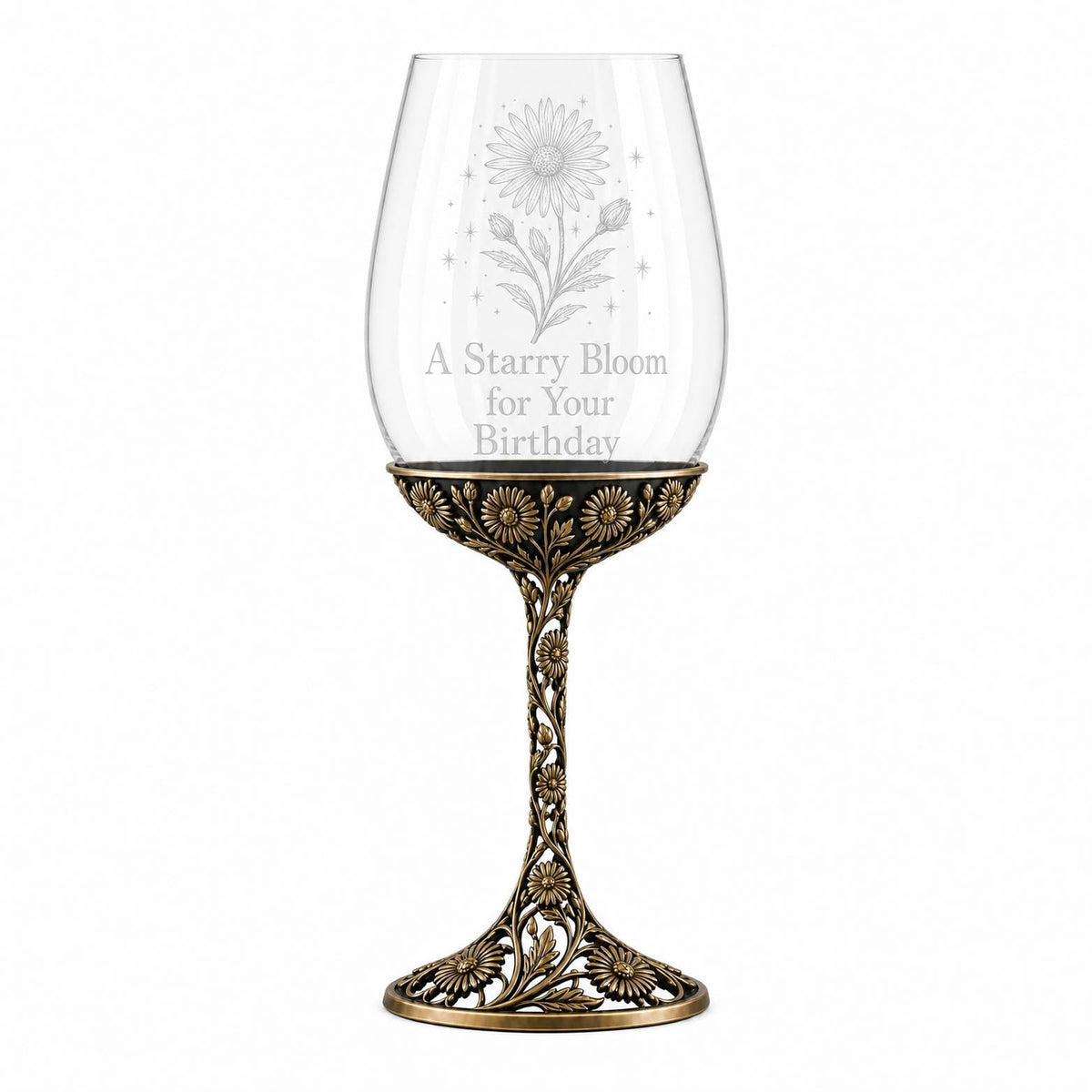 September Aster Wine Glass, Personalised Birth Flower, Openwork Brass Stem, Custom Etched Gift