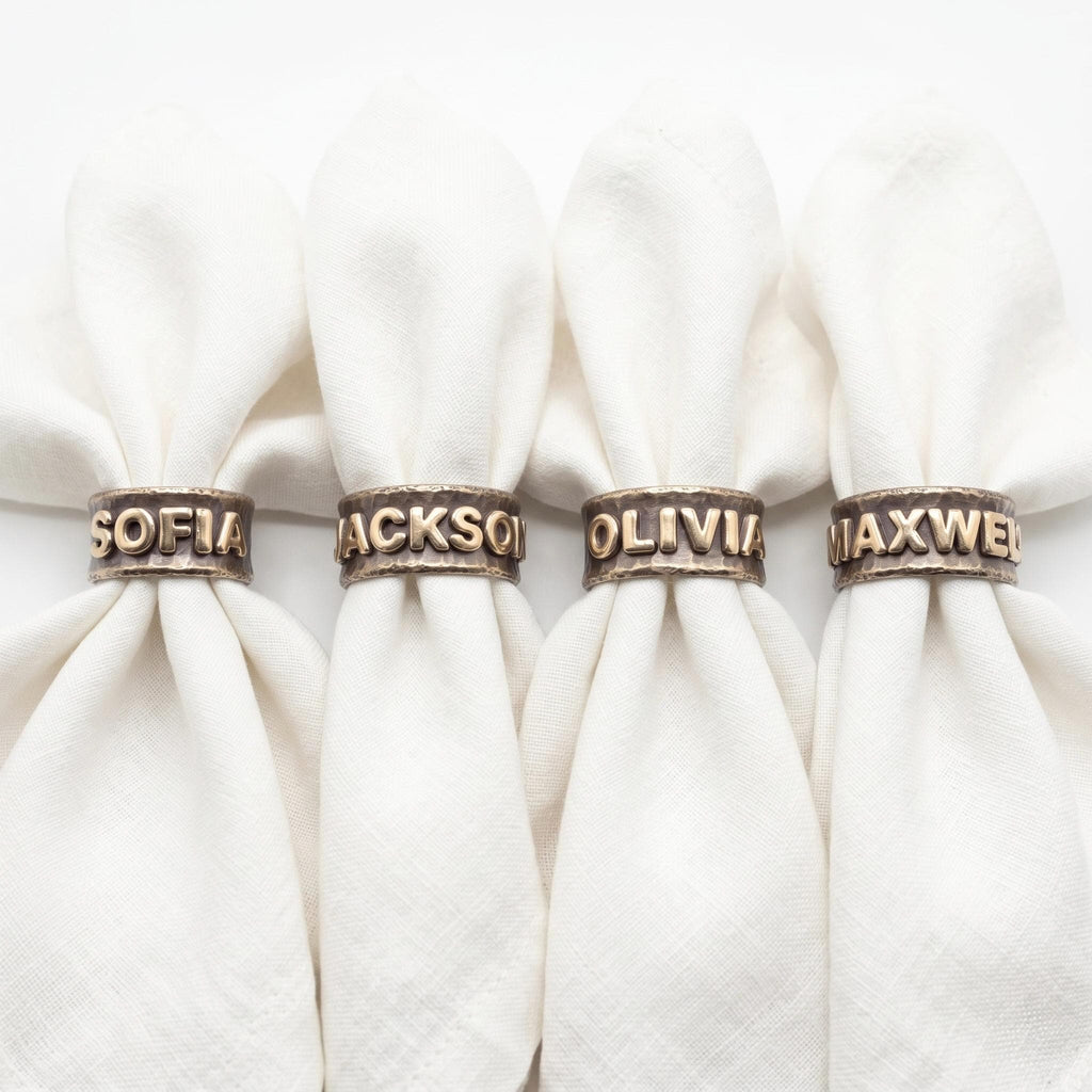 Personalized Brass Embossed Napkin Rings, Antique Gold Brass, Set of 4 Wedding Table Decor